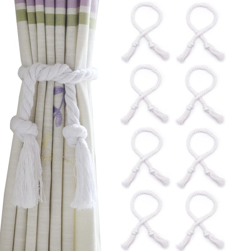 Yteseery 8 Pack Curtain Rope Tiebacks, Outdoor Curtain Tiebacks, Natural Cotton Curtain Holders, Village Rural Rustic Boho Curtain Holdbacks, Curtain Ties Rope for Patio Drapery Pergola Drapes, White - Image 1
